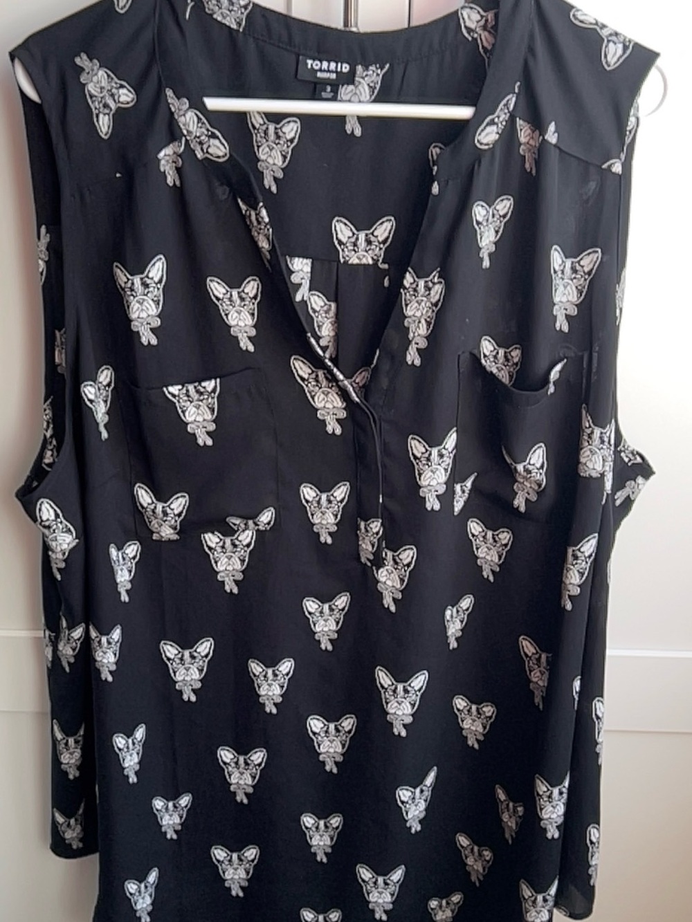 torrid Black Sleeveless Blouse with White Boston Terrier French Bulldog Print